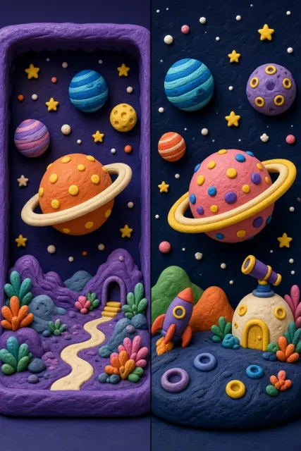 Storybook image example: Claymation Cosmic Planet Miniature Scene