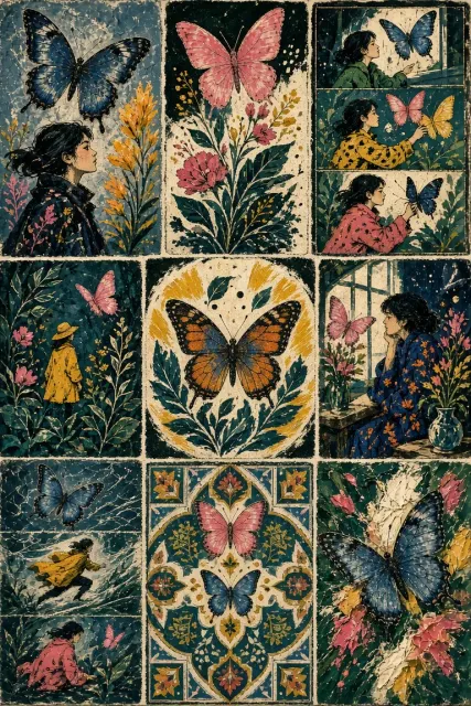 Knolling image example: Vintage Nine-Grid Butterfly Collage Poster