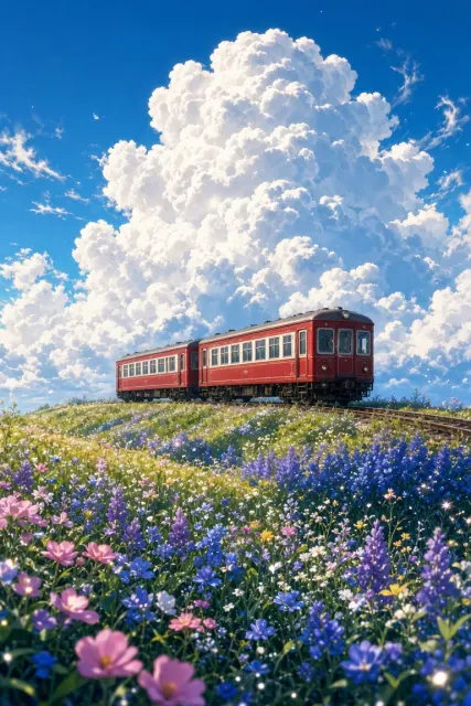 Nostalgic image example: Dreamy Anime Floral Hillside and Retro Train Illustration