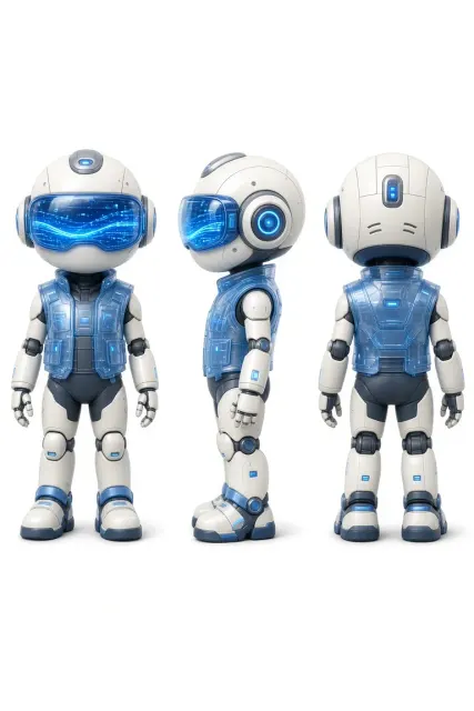 Mascot Design image example: 3D Robot Mascot Three-View Turnaround Design