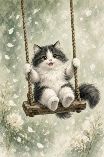 Charming Persian Cat on a Swing Watercolor Illustration