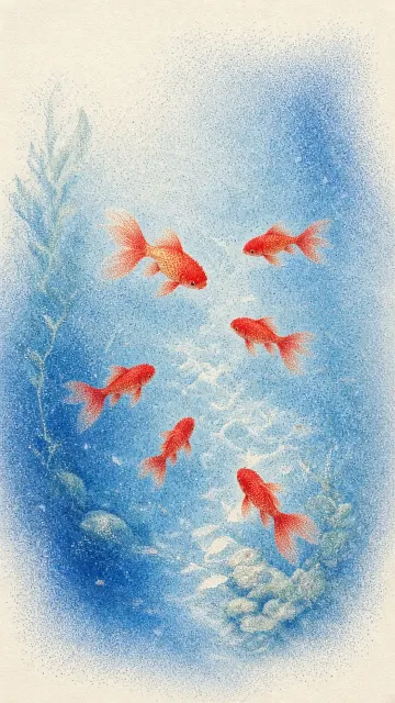 Pointillist Blue Pond with Swimming Goldfish
