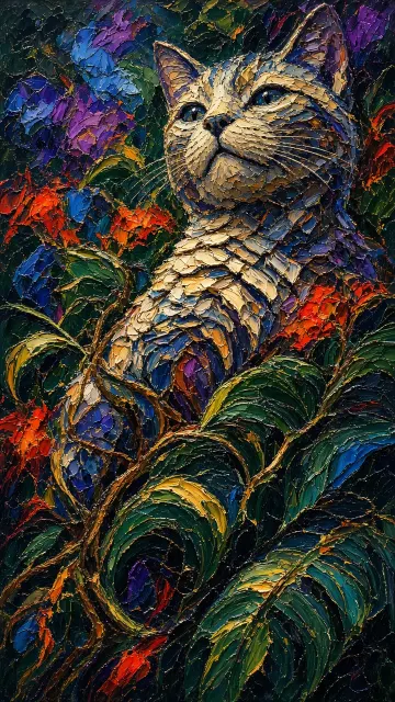 Graphic Composition image example: Impasto Oil Painting of a Roof Tile Cat in Rainforest