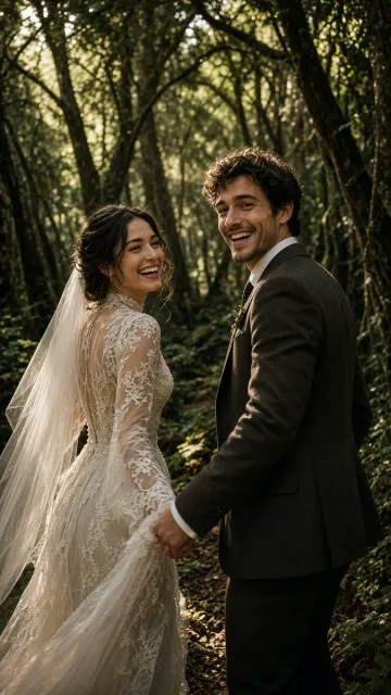 Cinematic Portrait image example: Forest Lace Bridal Couple Portrait