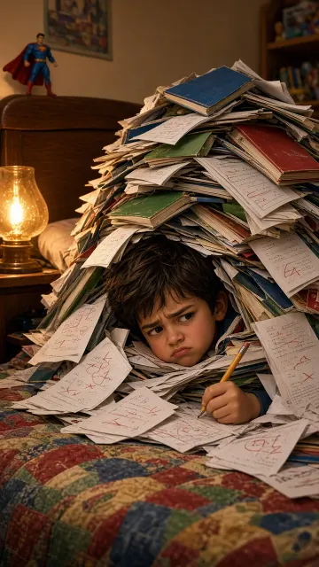 Overwhelmed with Homework Whimsical Illustration
