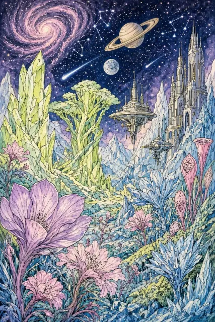 Retro Sci-Fi image example: Moebius Style Interstellar Botanical Garden