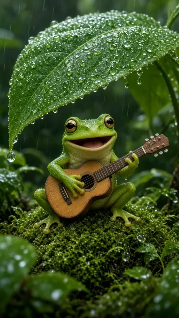 Charming Frog Playing Guitar in Rainy Forest