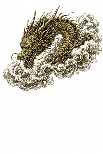 Black and Gold Woodcut Dragon Print