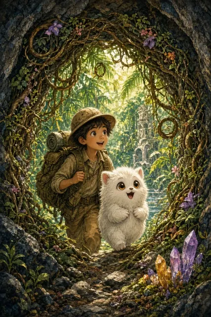 Characters & Figures image example: Mysterious Jungle Cave Storybook Illustration