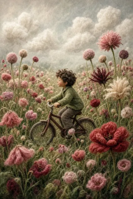 Characters & Figures image example: Felt Art Boy Biking Through Meadow