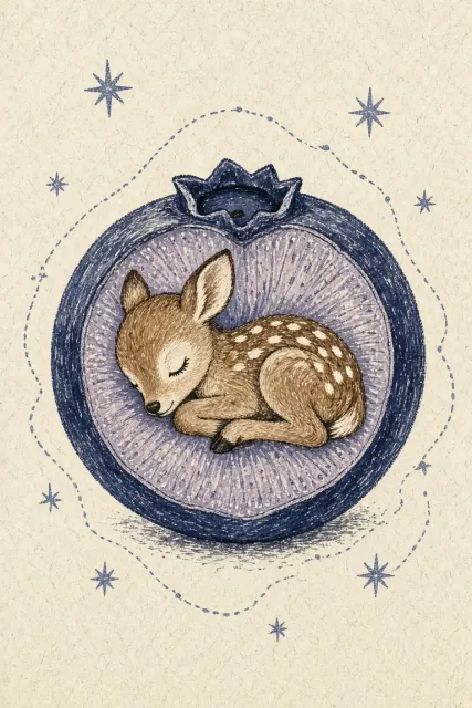 Fawn Inside Blueberry Linocut Print