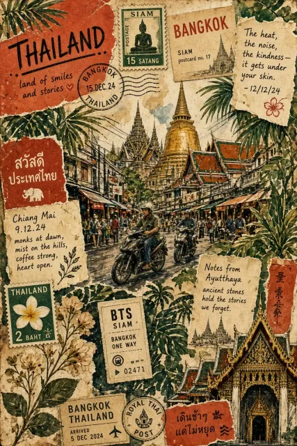 Thai Botanical Travel Mixed Media Collage