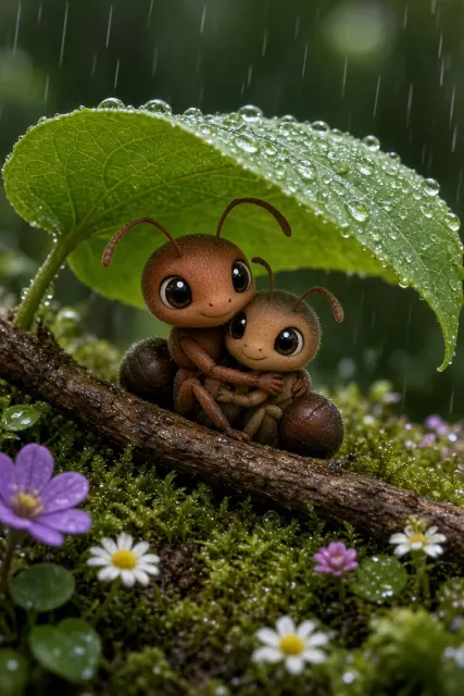 Stylized Character image example: Whimsical Cartoon Ants Sheltering Under a Leaf