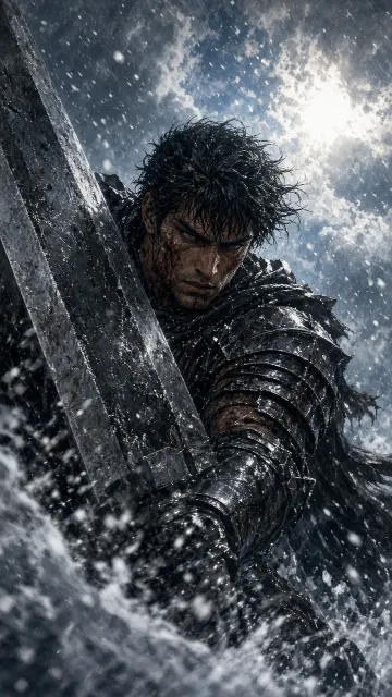 Action image example: Berserk Guts in Snow CG Portrait