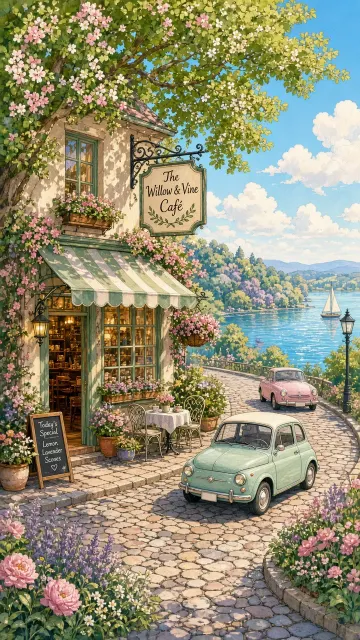Warm & Cozy image example: Cozy Lakeside Corner Shop Hand-Drawn Illustration