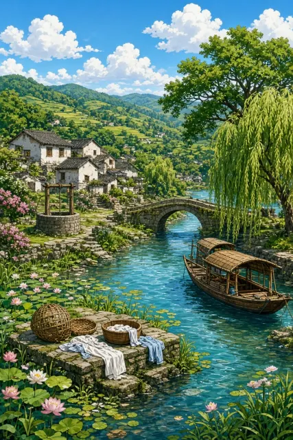 Riverside Country Village Pastoral Illustration