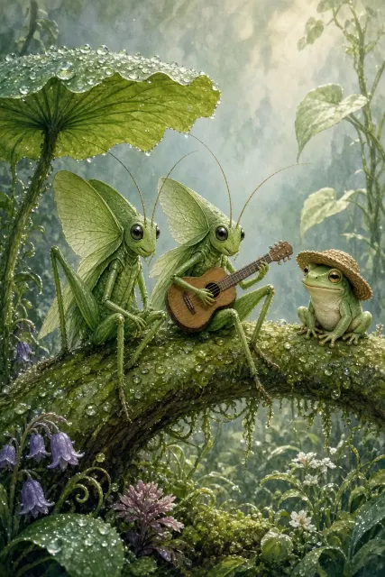 Anthropomorphic Crickets Under Lotus Leaf Fantasy Art