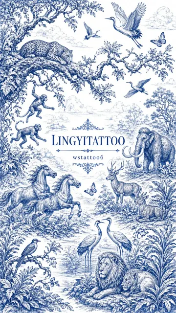 Luxury Aesthetic image example: Blue and White Botanical Jungle Tattoo Illustration