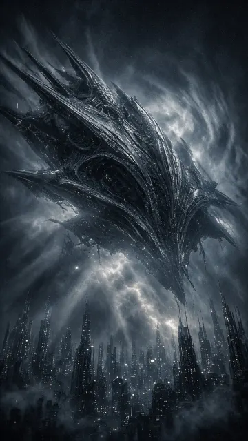 Alien Invasion image example: Sci-Fi Realistic Alien Mothership City Descent