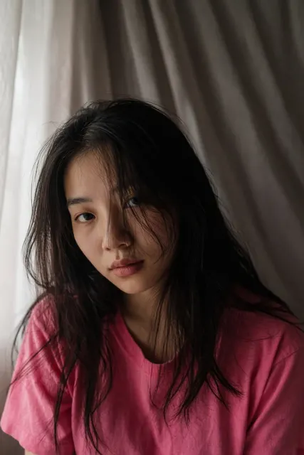 Dimly Lit Window Curtain Girl Macro Portrait