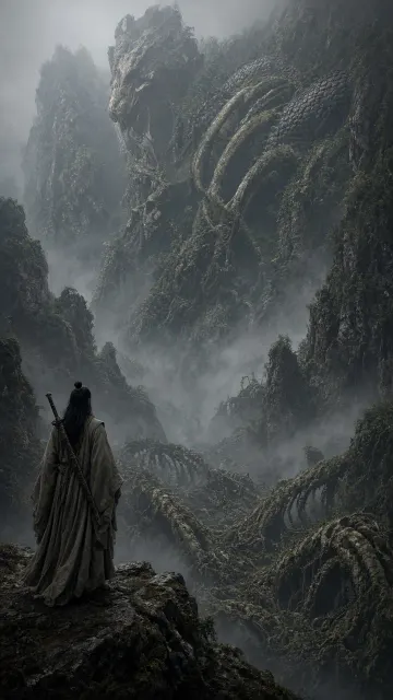 Atmospheric Fog image example: Ancient Colossal Dragon and Taoist Master Fantasy Landscape