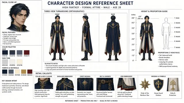 Turnaround image example: Character Model Sheet with Turnaround and Detail Callouts
