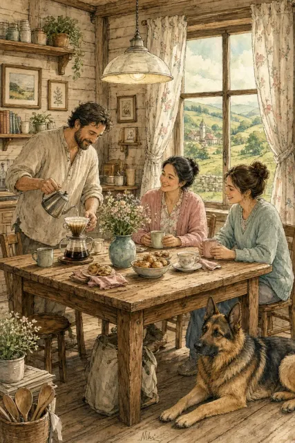 Cozy Watercolor Family Coffee Morning Illustration