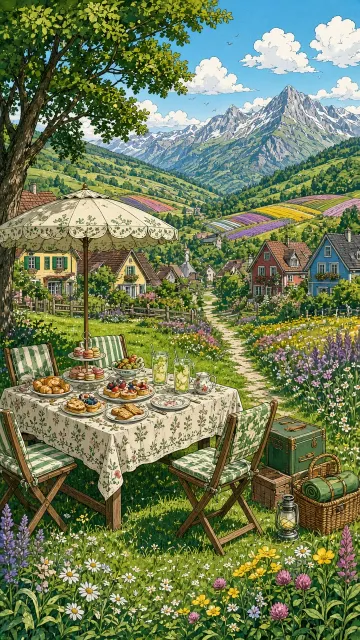 Fairytale image example: Whimsical Green Countryside Picnic Illustration