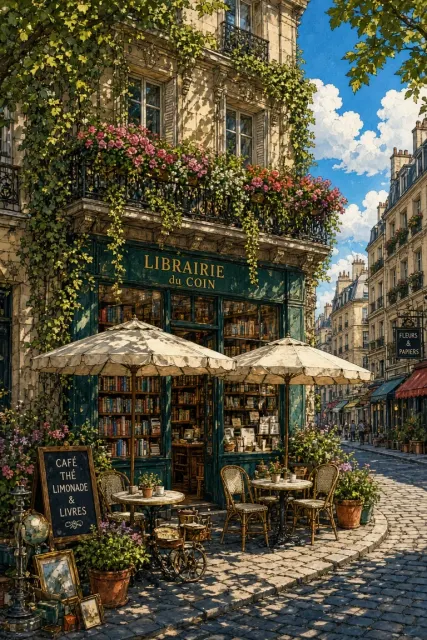 Moebius Style Urban Bookstore Cafe Streetscape