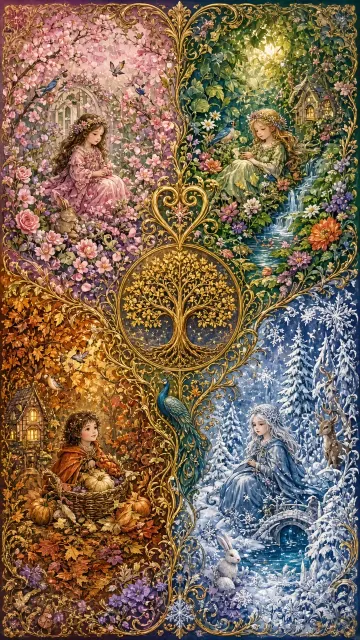 Four Seasons Maximalist Storybook Illustration