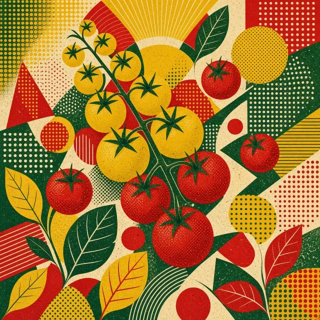 Silkscreen Print image example: Maximalist Silkscreen Cherry Tomato Illustration