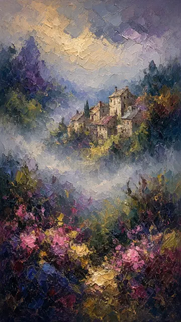 Dreamy and Ethereal image example: Abstract Impasto Village Landscape Oil Painting