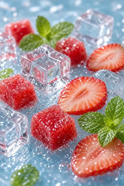 Refreshing image example: Hyperrealistic Strawberry Mint Ice Macro Still Life