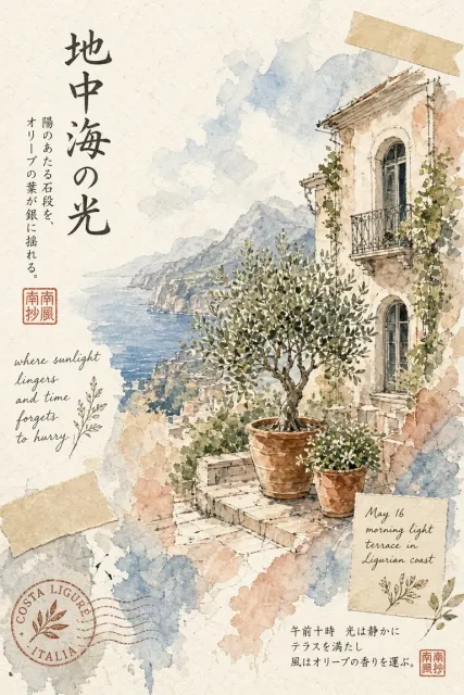 Mediterranean Japanese Watercolor Collage Art
