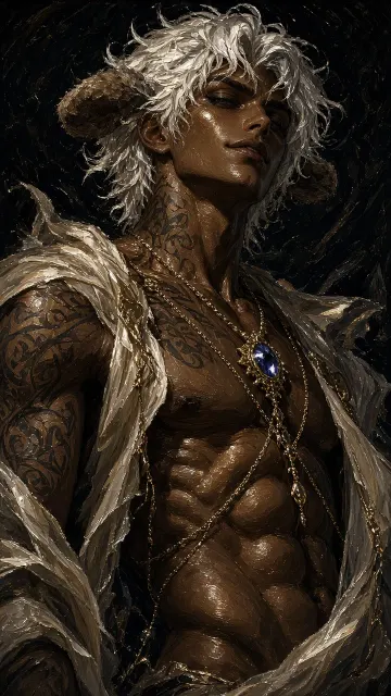 CG Impasto Dark-Skinned Ram-Horned Fantasy Warrior