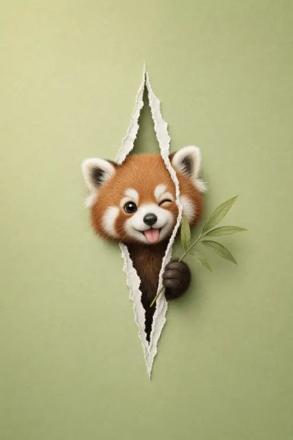 Storybook Heartwarming Illustration of Red Panda Peeking Through Paper Tear