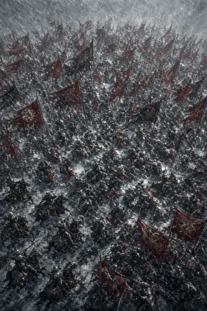 Aerial Overhead image example: Overhead View of Epic Battlefield in Blizzard with Billowing War Flags