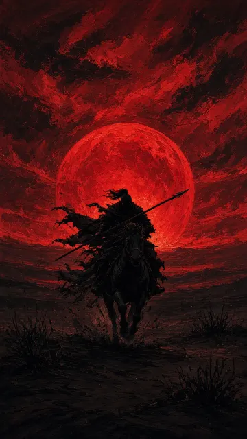 Robed Warrior on Horseback Silhouette with Giant Red Sun