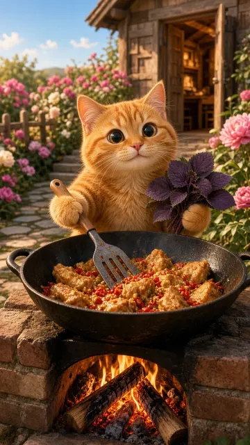 Cozy Chubby Orange Cat Chef Cooking Outdoors
