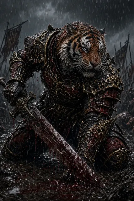 Mythic Tiger Warrior in Ancient Armor Hunting Stance