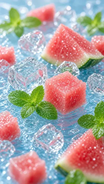 Summer Theme image example: Hyperrealistic Summer Watermelon and Mint Ice Cube Macro
