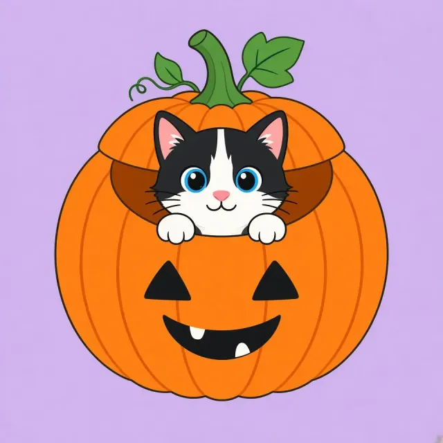 Cute Kitten image example: Flat Vector Kitten Peeking from Pumpkin Illustration