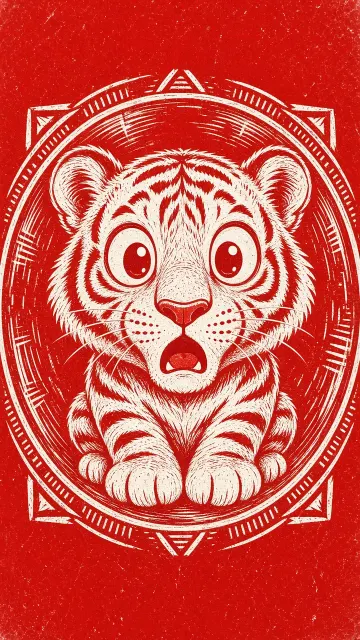 Linocut Print image example: Minimalist Dorky Tiger Red Linocut Print