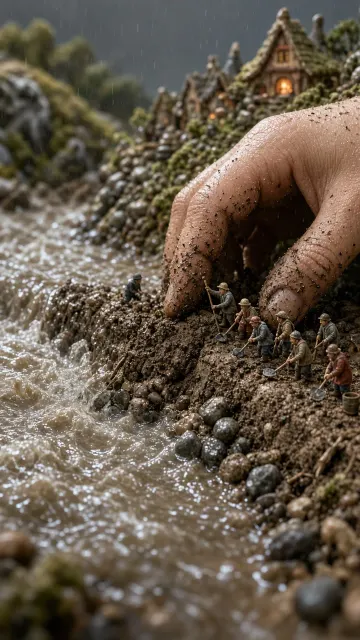 Miniature Diorama Flood Defense Scene