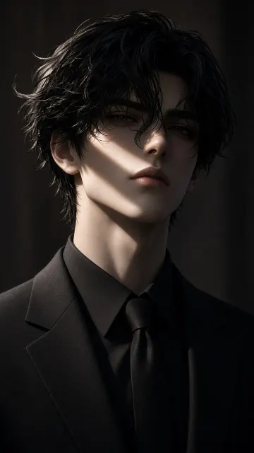 Bishounen image example: Cinematic Portrait of Young Man in Black Suit