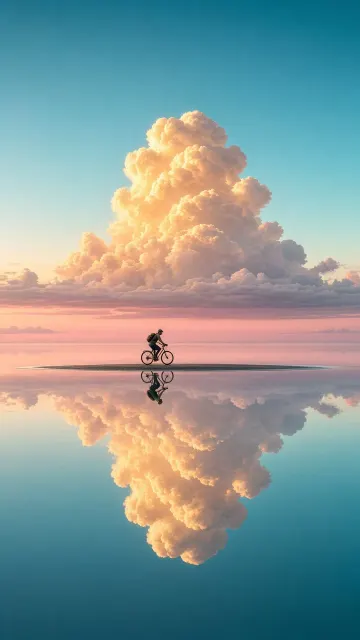 Surrealistic Mirror Lake Cyclist Landscape