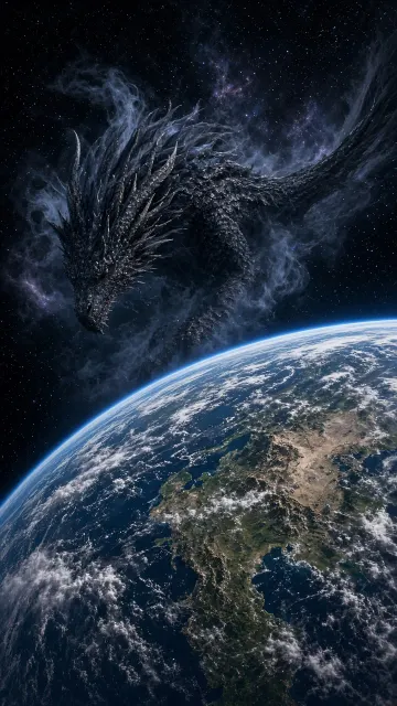 Colossal Black Dragon Over Earth from Orbit