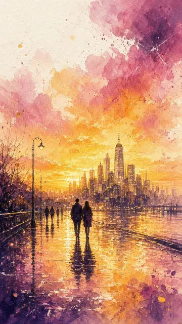 Sunset Glow image example: Watercolor City Sunset Romantic Urban Illustration