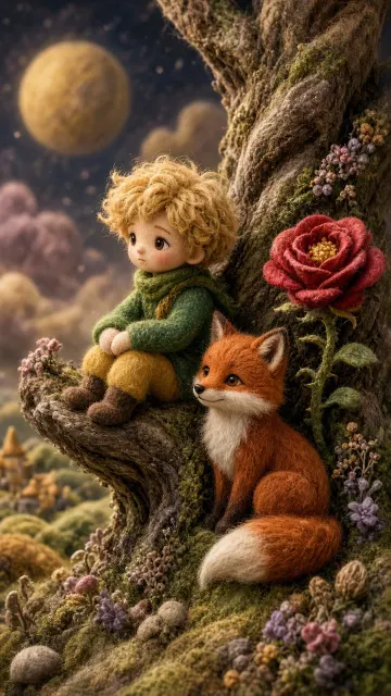 Needle-Felted Wool Little Prince and Fox Illustration