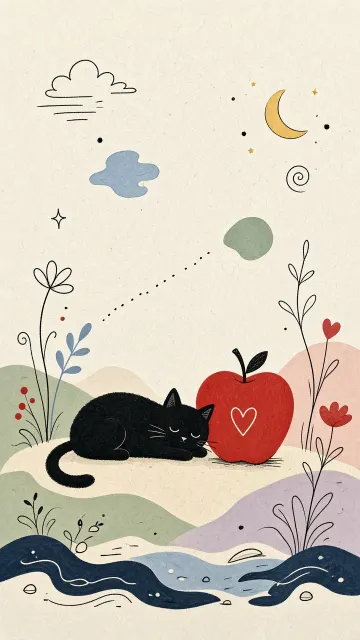 Minimalist Doodled Black Cat and Apple Art